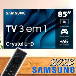 Smart TV 85″ Samsung 3 em 1 UHD Processador Crystal 4K, Gaming Hub Tela sem Limites Bixby Alexa Comando de Voz – Linha 2023