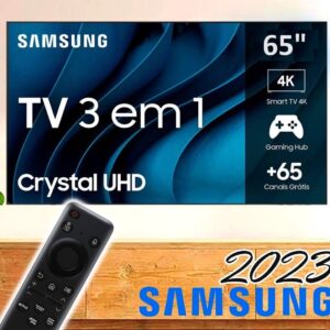 Smart TV 65″ Samsung 3 em 1 UHD Processador Crystal 4K, Gaming Hub Tela sem Limites Bixby Alexa Comando de Voz